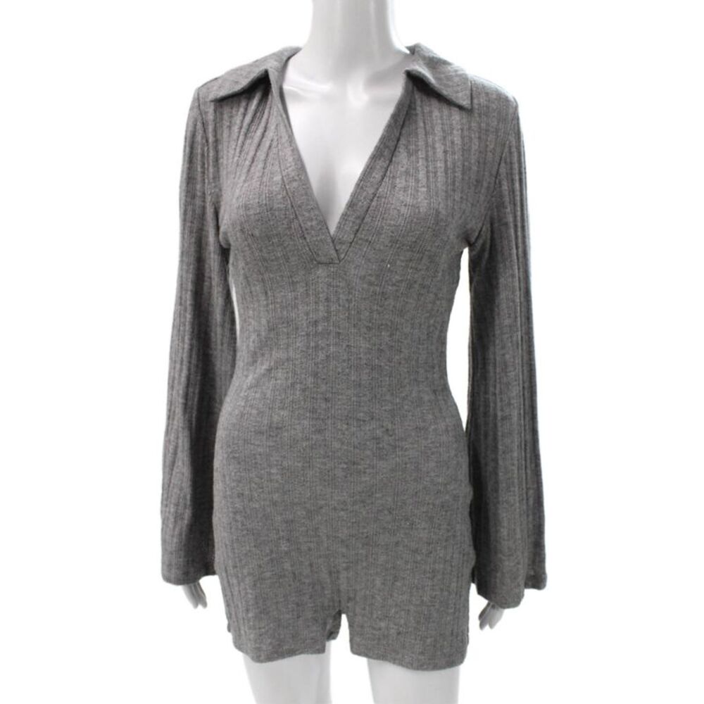 L Academie Women Gray Rayon Collared Long Sleeve Romper Zip Size S